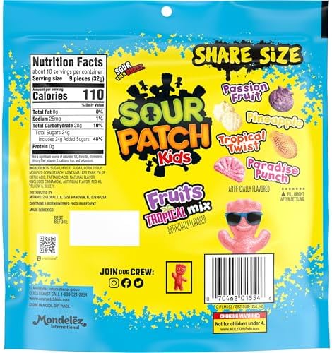 SOUR PATCH KIDS Fruits Tropical Mix Soft & Chewy Gummy Candy, Share Size, 11.11 oz