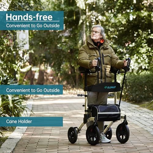 ELENKER All-Terrain Upright Rollator Walker, Stand up Rolling Walker with Seat, 12” Non-Pneumatic Tire Wheels, Compact Folding Design for Seniors, Champagne