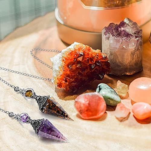 GEHECRST Natural Amethyst Healing Crystal Dowsing Pendulum Reiki Gemstone Chips Orgone Pendulum 6 Faceted Hexagonal Pointed Resin Spiritual Pendant for Divination, Wicca, Energy Balancing
