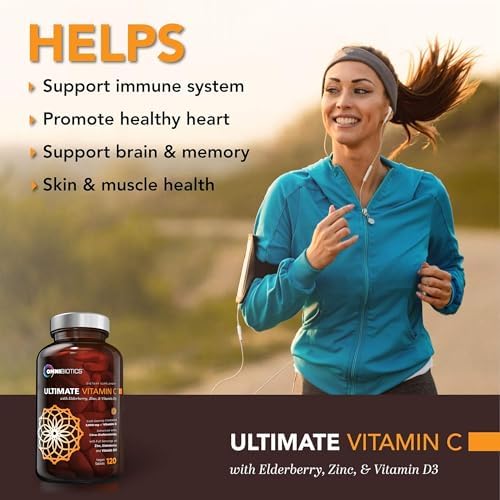 OmniBiotics Ultimate Vitamin C Supplement 2000mg – with Zinc, Elderberry Extract, and D3 – High Potency Immune Support & Collagen Booster – 120 Vegan Tablets
