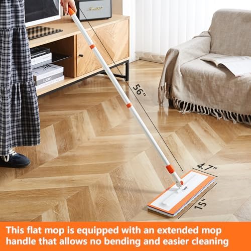 Magic Sponge Eraser Mop, 56" Handle with Flexible 15" Flat Head,2 Microfiber Pad and 3 Magic Sponge Eraser Pads (Mop Set,15" Mop-Head)