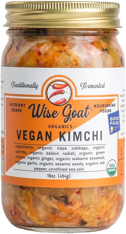 Certified Organic, Raw, Vegan Kimchi - High in Probiotics - Vegan/Paleo/Keto Friendly 16oz Glass Jar - Wise Goat Organics