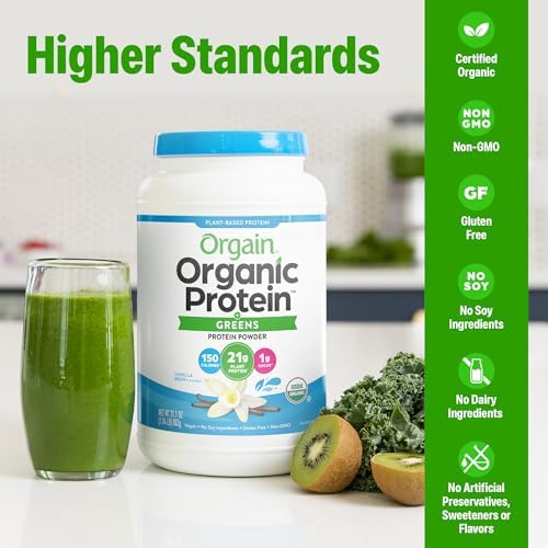 Orgain Organic Vegan Protein Powder + Greens, Vanilla Bean - 21g Plant Based Protein, Gluten Free, Dairy Free, Lactose Free, Soy Free, No Sugar Added, With Iron & Prebiotics for Gut Health - 1.94lb