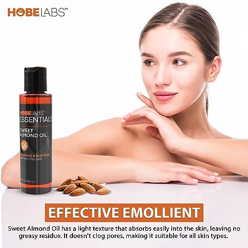 Hobe Labs Sweet Almond Oil, 4 oz - Skin Soothing Properties, Effective Emollient, Improves Skin Health, Fights Puffiness and Dark Circles, Non-Greasy Formula