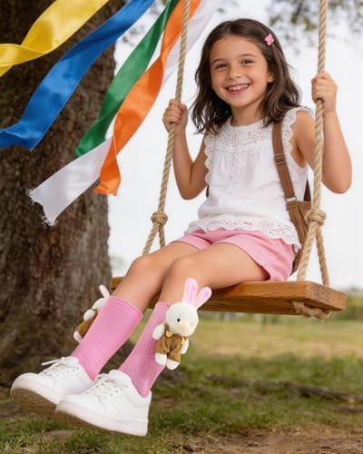 Jeasona Kids 3D Bear & Rabbit Crew Socks for Ages 3-8, Ribbed Knit with Removable Plush Charm