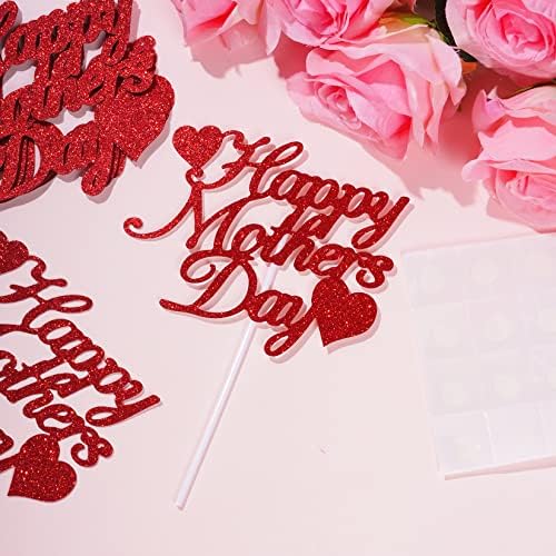 12pcs Happy Mother's Day Cake Toppers Red Glitter Cupcake Topper Cake Picks Decoration for Mother's Day Birthday Party Supplies