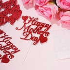 12pcs Happy Mother's Day Cake Toppers Red Glitter Cupcake Topper Cake Picks Decoration for Mother's Day Birthday Party Supplies