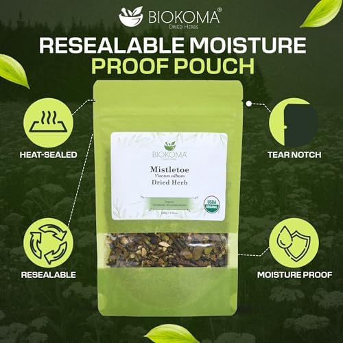 Biokoma Organic Mistletoe Dried Herb 100g (3.55oz) In Resealable Moisture Proof Pouch, USDA Certified Organic - Herbal Tea, No Additives, No Preservatives, No GMO, Kosher