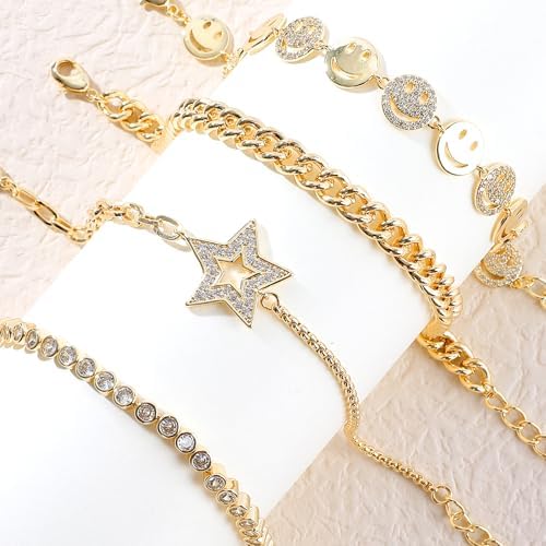 Gold Bracelets Set for Women 14K Gold Plated Stackable Twisted Bangle Rolo Chain Bracelets Layered Diamond Cubic Zirconia Charm Cuban Chain Gold Ball Beads Stretch Bracelets Trendy Jewelry Gift