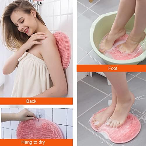 2 Pack Shower Back & Foot Scrubber, Wall Mounted Back Scrubber Silicone Bath Massage Cushion Brush with Suction Cups, Bathroom Wash Mat Exfoliating Dead Skin Brush (L-Blue Grey)