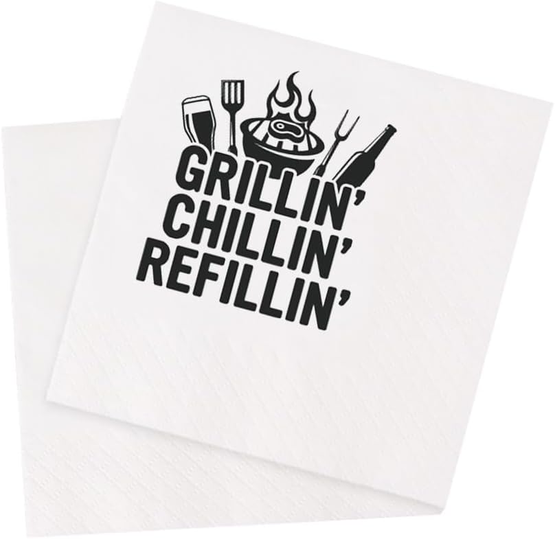 Grillin Chillin Refillin BBQ Party Grilled Meat Beer Funny Griller Cocktail Napkins for BBQ Birthday Food Themed Housewarming Picnic Festival Tailgate Party 100Pcs 4.5 x 4.5 2-ply (Grillin)