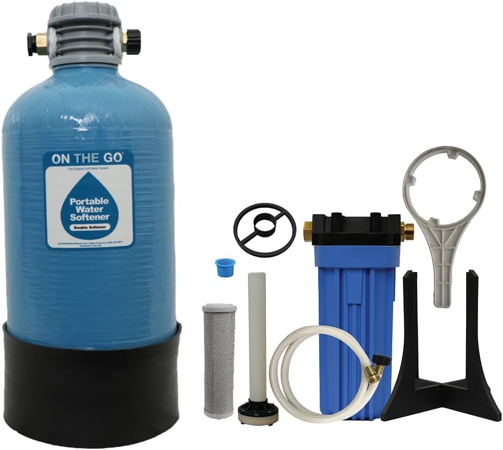 On The Go Portable 16,000 Grain RV Double Water Softener (NOT Made in China) with The On The Go Water Softener Salt Regeneration Kit and Carbon Filter