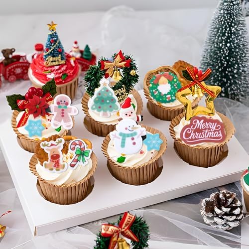 Morofme 50pcs Edible Christmas Cake Topper Christmas Cupcake Toppers Edible Santa Clause Decoration Holiday Cake Decor Wafer Christma Tree Socks Snowman Cupcake Decorations for New Years Theme Party