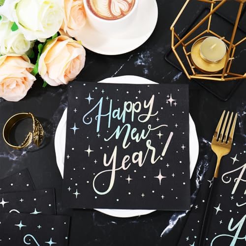 Whaline 80Pcs New Year Luncheon Napkins Disposable Paper Napkin Decorative Black Holographic Happy New Year Dessert Dinner Hand Napkin for Christmas Party Supplies Table Decor