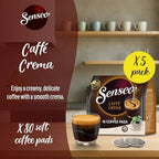 Senseo Caffe Crema Coffee Pods, 80 Count (5 Packs of 16), Smooth & Aromatic Medium Roast Coffee Soft Pods with Velvety Crema Layer, Pelecom Machine Compatible, good for Cold Brew Coffee