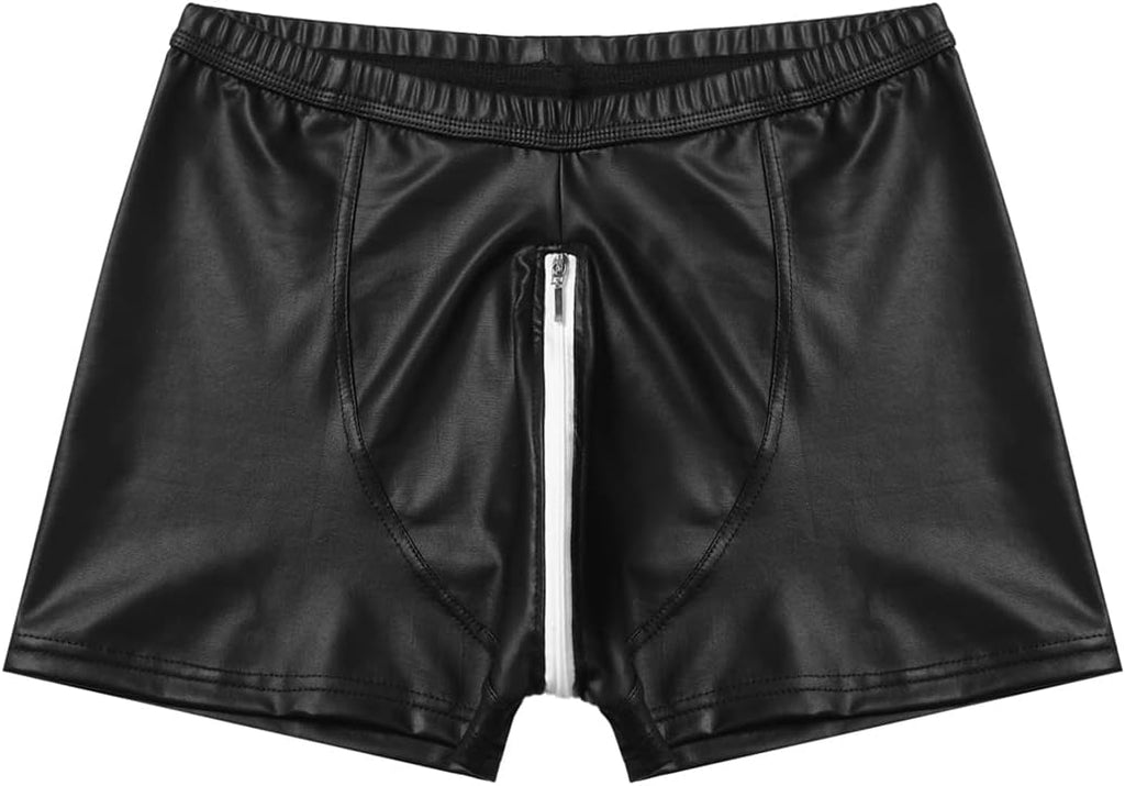 Mens Sexy Open Crotch Leather Short Pants For Sex Latex Zipper Patent Leather Boxer