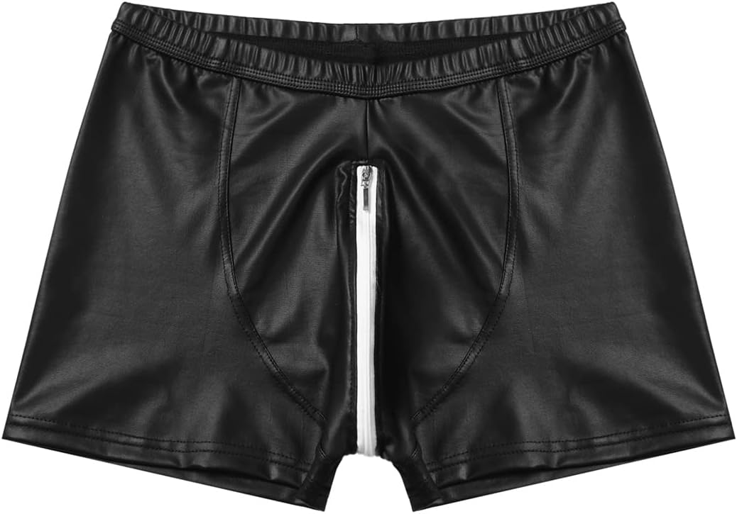 Mens Sexy Open Crotch Leather Short Pants For Sex Latex Zipper Patent Leather Boxer