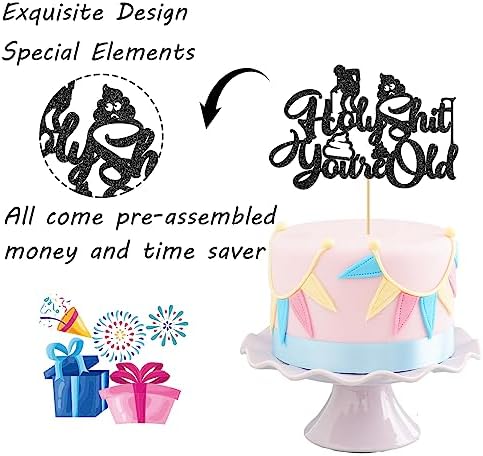 Maicaiffe Black Glitter Holy Shit You're Old Cake Topper - Funny 30th 40th 50th 60th 70th 80th 90th Birthday Party Decorations