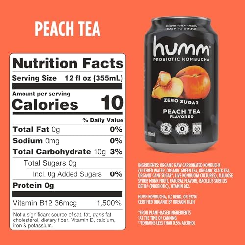 Humm Probiotic Kombucha Zero Sugar Peach Tea, No Refrigeration Needed, Keto Friendly, Organic, Vegan, Gluten Free, 12oz Cans (16 Pack)