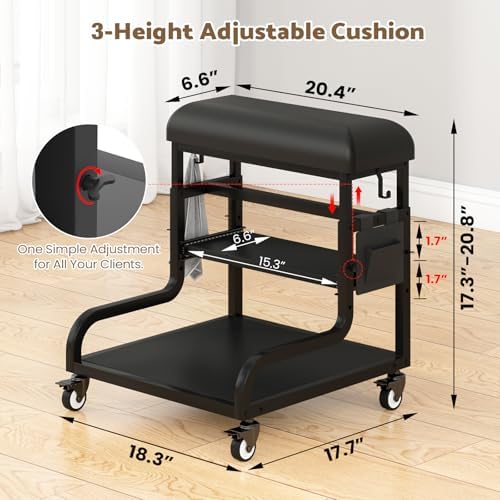 Adjustable Pedicure Foot Rest with 3-Level Height, PU Cushion, Storage & Locking Wheels, Mobile Pedicure Cart Foot Bath Trolley for Foot Bath, Salon & Spa (Black)