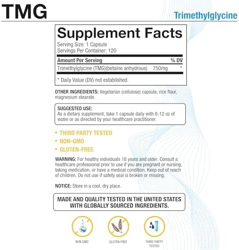 Puregen Labs TMG 750 mg – [High Potency] Trimethylglycine Supplement – Supports Normal Homocysteine Metabolism, Non-GMO, NO Gluten and Dairy - 120 Vegetarian Capsules