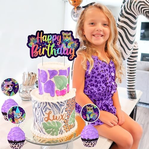 Cheereveal Rainbow Cheetah Cake Cupcake Toppers for Boys Girls - Leopard Print Cake Cupcake Picks, Jungle Safari Animal Birthday Party Decorations