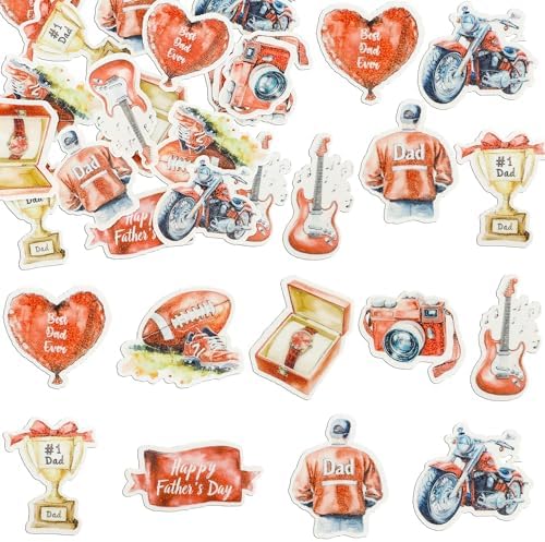 Gyufise 54Pcs Edible Happy Father's Day Cupcake Toppers Wafer Paper Moto Camera Love Dad Cake Toppers Edible Best Dad Ever Cupcake Picks for Father Day Theme Birthday Party Cake Decorations Red