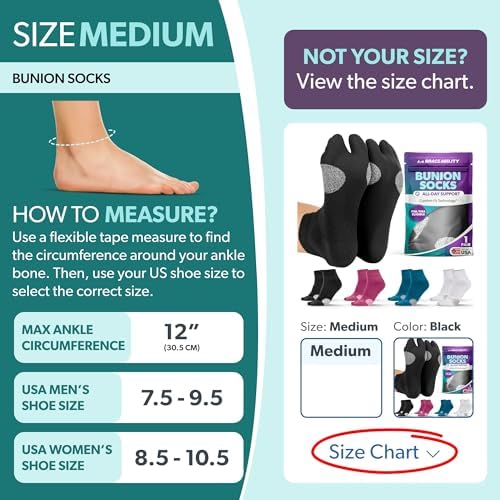 BraceAbility Bunion Relief Socks - Split-Toe Bunion Socks for Women and Men with Arch Support, Big Toe Separator, Hallux Valgus and Bunionette Relief, Left and Right Fit (1 Pair, M - Black)