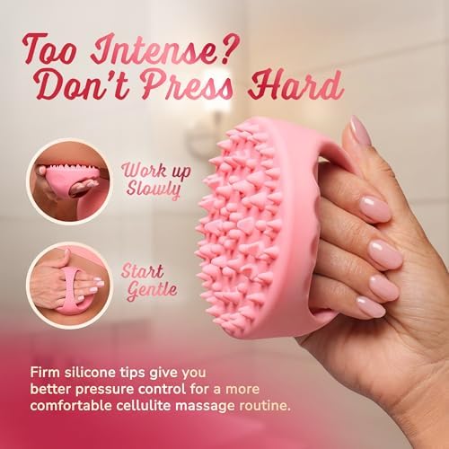 SILKLE Cellulite Massage Tool & Lymphatic Drainage Massager - Silicone Anti Cellulite Massage Brush for Body Sculpting with Ergonomic Handle - Cellulite Remover for Legs, Thighs and Belly - Pink