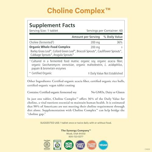 PURE SYNERGY Choline Complex | Vegan Choline Supplement Made with Organic Whole Foods | Non-GMO Bioavailable Complex | for Pregnancy, Brain, and Liver Health (60 Tablets)