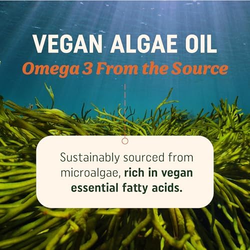 Vegan Omega 3 Algae Oil | Plant Based DHA EPA | Sustainably Sourced, No Carrageenan, Non GMO | Heart, Brain, and Eye Health | Fish Oil Alternative | Algae Omega 3 Supplement | 120 Softgel Capsules