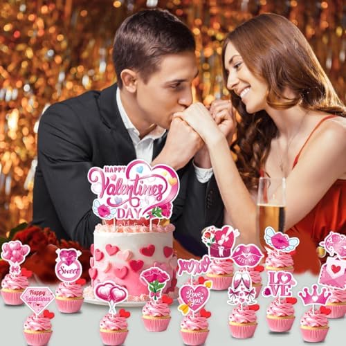 Happy Valentine's Day Cake Toppers 15Pcs Glitter Heart Cupcake Topper for Valentine's Day Wedding Anniversary Birthday Party Cake Decoration