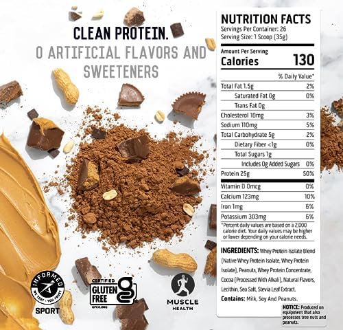 Ascent 100% Whey Protein Powder - Post Workout Whey Protein Isolate, Zero Artificial Flavors & Sweeteners, Gluten Free, 5.5g BCAA, 2.6g Leucine, Essential Amino Acids, Chocolate Peanut Butter 2 lb