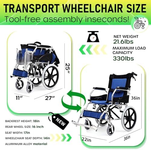 Wheelchairs for Adults - Transport Wheelchair Lightweight Foldable with Aluminum Alloy & 16" Wheels, Ergonomic Portable Folding Travel Wheel Chairs for Seniors, Supports up to 330 lbs