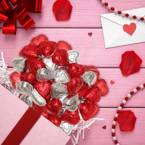 Milk Chocolate Valentine Hearts Candy - Red & Silver Foil Wrapped Creamy Chocolate Hearts, 1 Pound Bulk Chocolate s for Valentine’s Day Parties, Decorations, Gift Bags & Treats