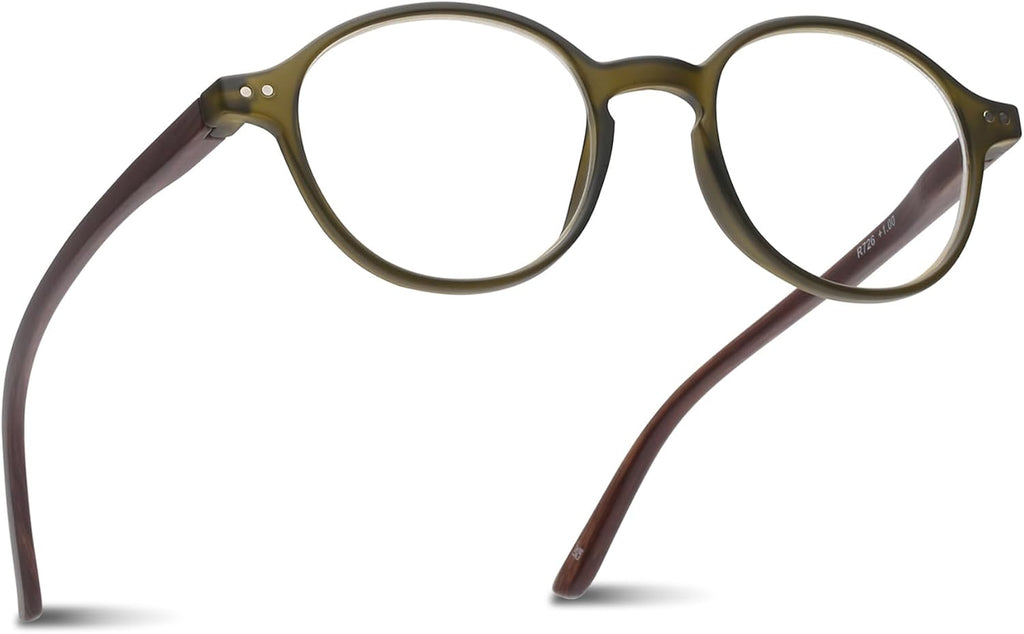 2SeeLife Small Round Reading Glasses for Men & Women – Narrow-Medium Fit, Sturdy Frame, Spring Hinges, Premium Retro Readers, Green Wood, +2.50