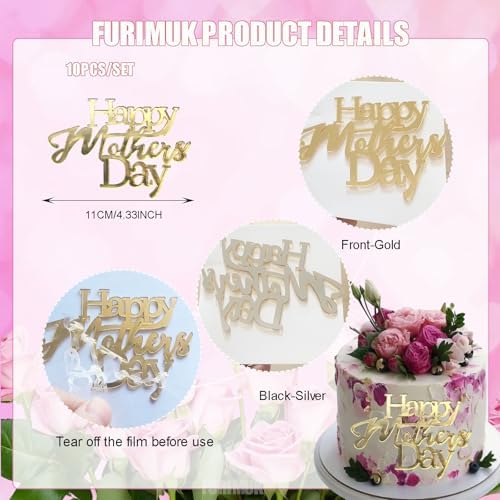10Pcs Happy Mother's Day Cake Toppers Acrylic Mirror Cupcake Topper Engraved Cake Topper Decorations for Mother's Day Mom's Birthday Party Dessert DIY Decor Supplies