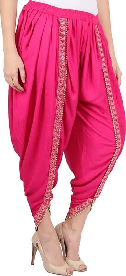Women's Harem Dhoti Pants with Gold Embellished Trim, Maroon, Free Size 28-36