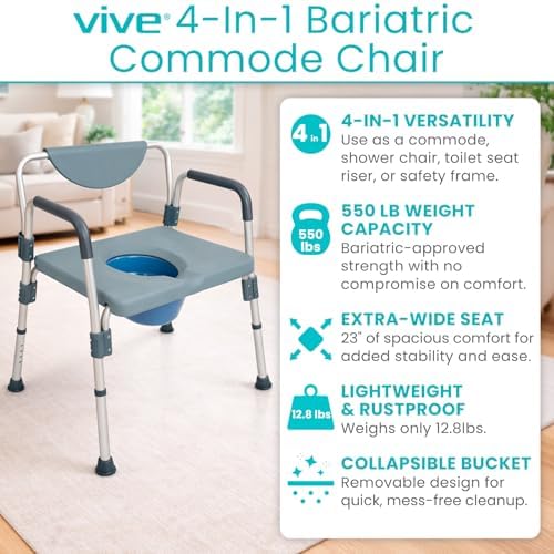 Vive Bariatric Bedside 4-in-1 Commode 550 lb Capacity - Bariatric Shower Chair & Portable Toilet - Heavy Duty Toilet Riser & Safety Frame - Extra Wide Padded Seat w/ 6-Quart Bucket & Splash Guard