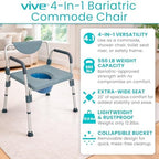 Vive Bariatric Bedside 4-in-1 Commode 550 lb Capacity - Bariatric Shower Chair & Portable Toilet - Heavy Duty Toilet Riser & Safety Frame - Extra Wide Padded Seat w/ 6-Quart Bucket & Splash Guard