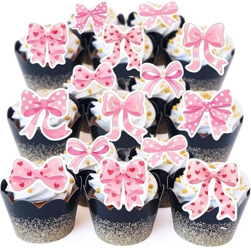 55Pcs Edible Bow Cupcake Toppers Bowknot Ribbons Bow Girls Birthday Cake Decorations Edible Bow Cake Toppers Bowknot Cupcake Picks for Wedding Birthday Baby Shower Party Supplies