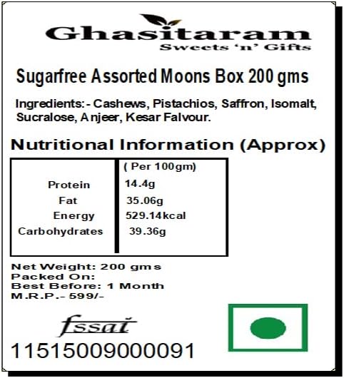Ghasitaram Gifts Diwali Gifts Sugarfree Sweets - Sugarfree Assorted Moons Box 200 GMS