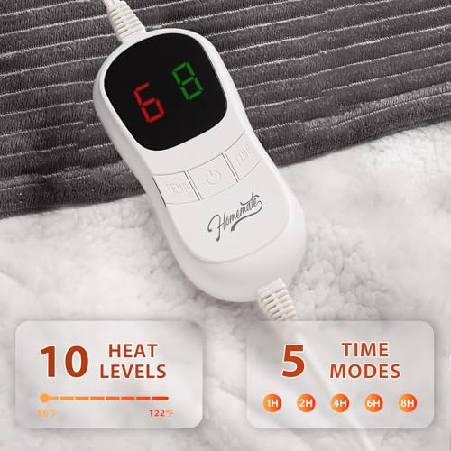Homemate Heated Blanket Electric Throw - 50"x60" Heating Blanket Throw 1/2/4/6/8 Hours Auto-Off 10 Heat Levels Over-Heat Protection Soft Flannel Sherpa Heater ETL Certification