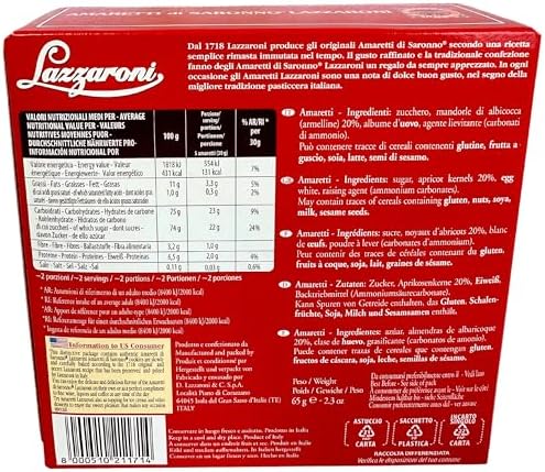 Lazzaroni Amaretti Di Saronno Biscotti Cookies from Italy 2.3 oz. (65g) Crispy Amaretto Biscuits - Macarons - Individually Wrapped - Classic Crunchy Biscottini - Christmas - Similar to Cantucci