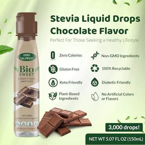 BioSweet Stevia Drops - Chocolate Flavor | Zero Calorie Liquid Sweetener | Non GMO, Keto & Diabetic Friendly, Gluten Free, Vegan | Nothing Artificial | 3,000 drops (5.07 Fl Oz)