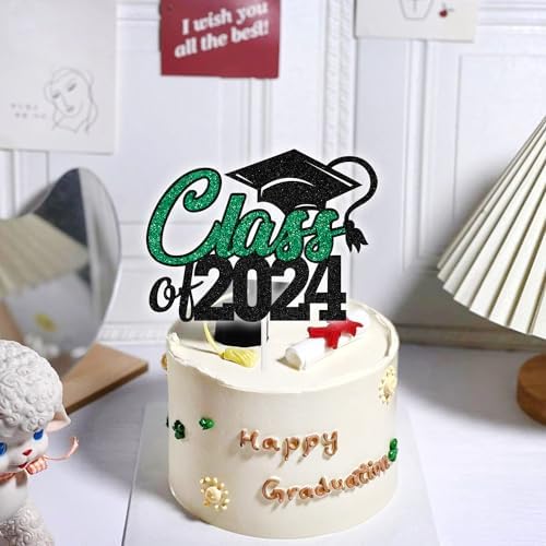 Aeryourtar Class of 2024 Cake Topper, Congrats Grad 2024 Graduation Cake Decor, High School/College Graduate Celebration Party Decoration Supplies, Black and Green Glitter