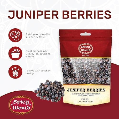 Spicy World Juniper Berries Whole 3.5 Ounce Bag- Pure - Great for Cooking, Drinks, Tea & More!
