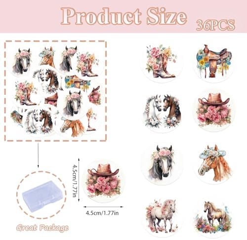 36PCS Edible Floral Horse Cupcake Toppers Wafer Paper Western Cowgirl Cupcake Toppers Edible Derby Horse Cupcake Picks for Western Derby Horse Theme Party Decoration Supplies