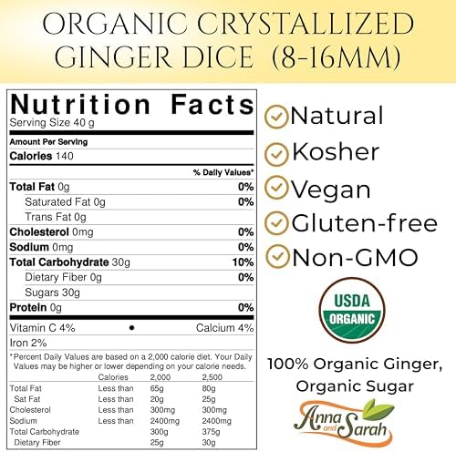 Organic Diced Ginger, USDA Certified, Non-GMO, Kosher, Dehydrated Ginger Pieces, No Additives, Perfect for Cooking, Baking & Tea, All Natural, Ideal for Recipes, Smoothies & Infusions in Resealable Bag 8 oz