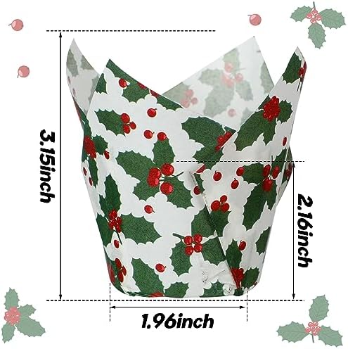 Uiifan 200 Pcs Holly Christmas Tulip Cupcake Liners Christmas Cupcake Wrappers Holly Muffin Liners Holders Tulip Wrappers for Party Decoration